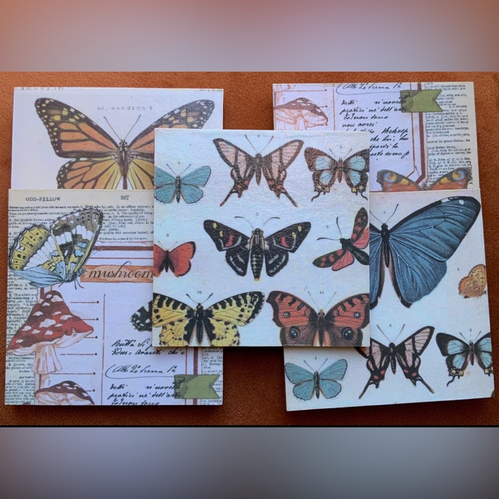 Handmade butterfly and mushroom coasters